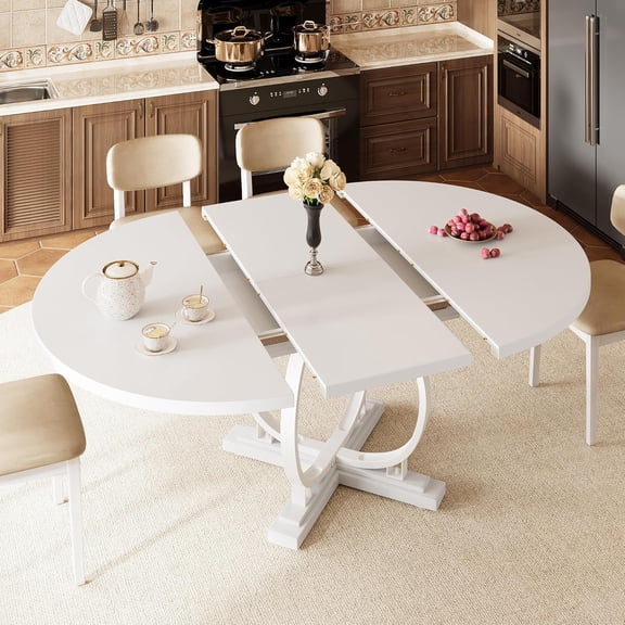 MUER 59'' Extendable Round Dining Table for 4 to 6, Kitchen Table with Sturdy X-Base Metal Legs, MDF Board with Backboard Clasp, Space Saving, Easy Assembly, Kitchen, Dining Room, White