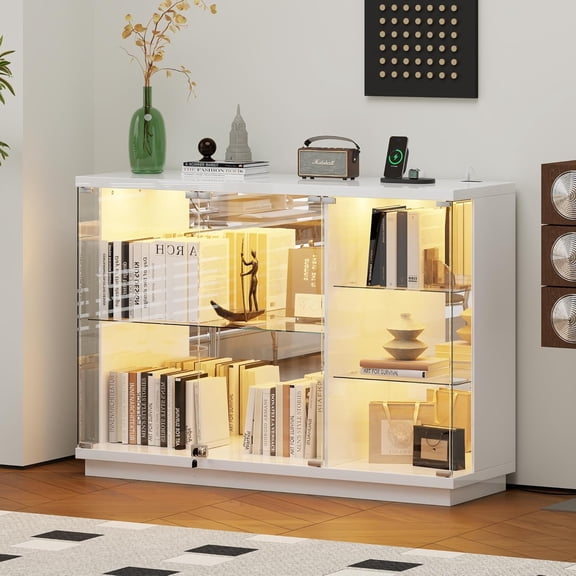 MUER Display Cabinet with Lockable Tempered Glass Door, Curio Cabinet with Human Motion Sensor, 5-Tier Storage with LED Lighting, Clear Glass Display Case for Living Room (White)