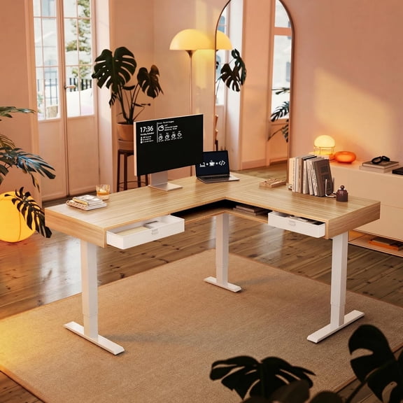 MUER Electric L Shaped Standing Desk, 63″ Height Adjustable Corner Standing Desk with 2 Under Desk Drawers & Open Storage Sapce, Stand Up Table with Power Strip Tray & Cable Grommets, Light Walnut