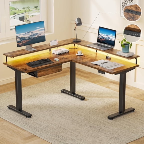 MUER Electric L Shaped Standing Desk with Monitor Stand, 59" Corner Computer Desk with Drawers, Gaming Table with LED Lights & Power Outlet, Home Office Stand Up Adjustable Height Table, Brown