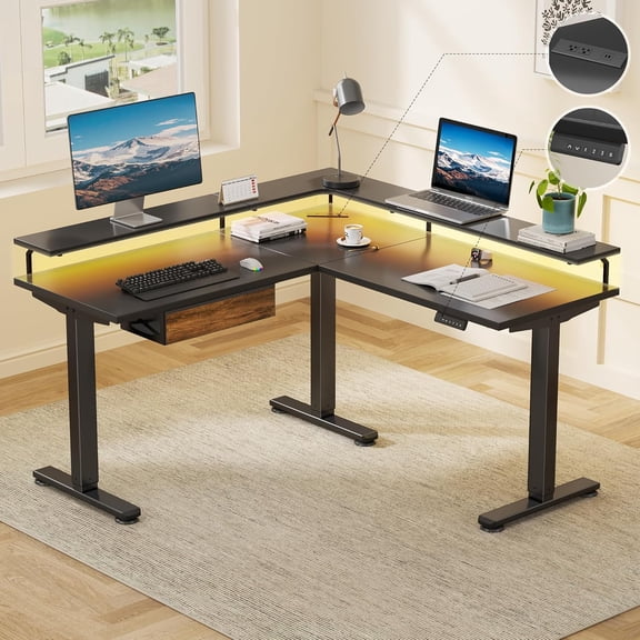 MUER Electric L Shaped Standing Desk with Monitor Stand, 59" Corner Computer Desk with Drawers, Gaming Table with LED Lights & Power Outlet, Home Office Stand Up Adjustable Height Table, Black