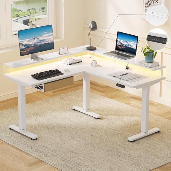 MUER Electric L Shaped Standing Desk with Monitor Stand, 59" Corner Computer Desk with Drawers, Gaming Table with LED Lights & Power Outlet, Home Office Stand Up Adjustable Height Table, White