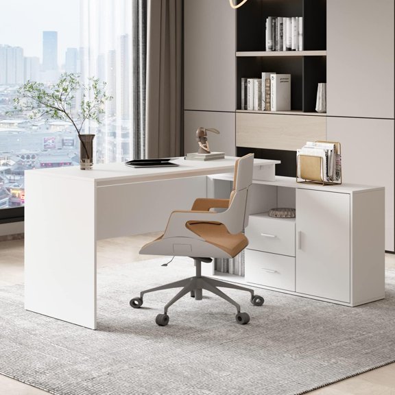MUER Home Office Computer Desk Corner Desk with 2 Drawers and 2 Open Cubes, 55 Inch Large L-Shaped Study Writing Table with Storage Cabinet, White (55.1”L x 47.2”W x 29.5”H)