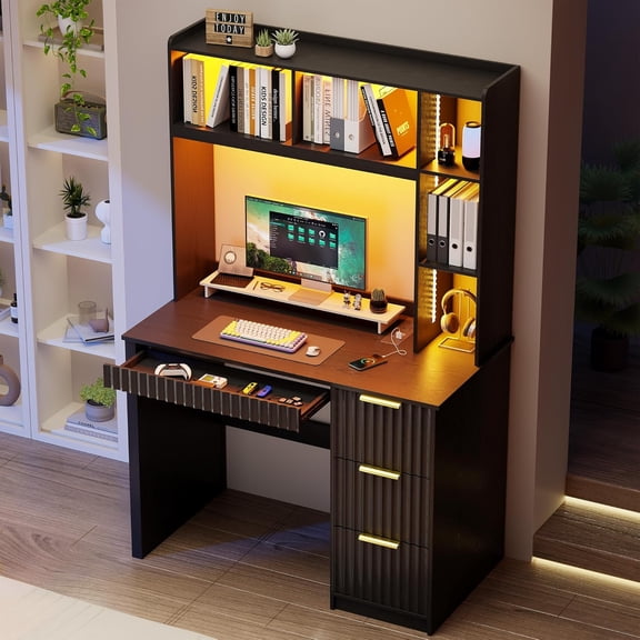 MUER Home Office Desk with Hutch & LED Lights - 39" Computer Desk with Charging Station, 3 Large Drawers, Hidden Compartment & Fluted Panel Design,Black Writing Desk for Bedroom, Study