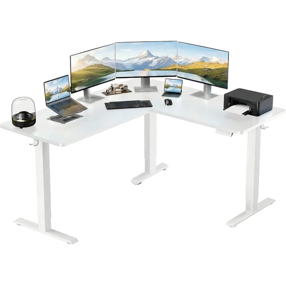 MUER L Shaped Standing Desk, 63"x55" Electric Adjustable Height Sit Stand up Desk, Ergonomic Large Computer Table, Left & Right Interchangeable Installation, Suitable for Home Office, White