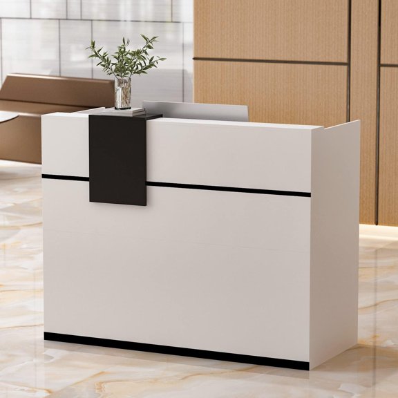 MUER Modern Reception Desk Counter with Hutch, Adjustable Storage Cube, Lockable Drawer & 1 Door Cabinet, Office Wooden Computer Desk Reception Table, White and Black