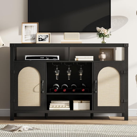 MUER Rattan Buffet Cabinet with Storage, Rattan Wine Bar Cabinet, Sideboard with Glass Holder, Adjustable Shelves, Coffee Bar Cabinet for Living Room Dining Room Hallway, Black