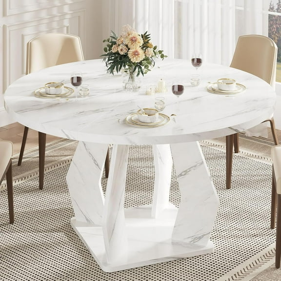 MUER Round Marble Dining Table,Dinner Tables for Kitchen 4-6,47 Inch Modern Pedestal Dining Room Table for Kitchen,Office,Living Room,White Marble