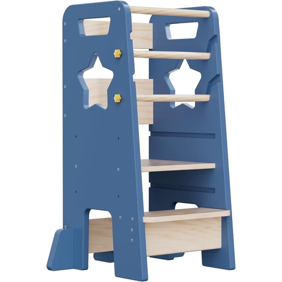 MUER Toddler Standing Tower, Montessori Kids Step Stool with 3 Levels Adjustable Height, Wooden Kitchen Stool Helper with Removable Safety Bars, Mist Blue