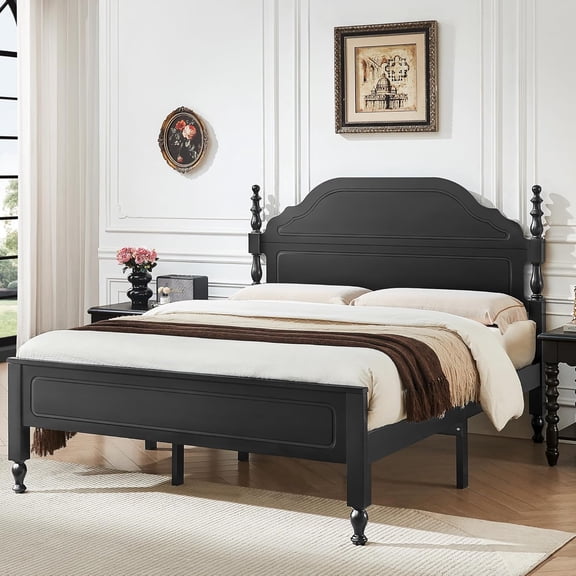 MUER Wood Bed Frame Queen Size, Wooden Retro Style Queen Bed Frame with Headboard and Footboard, Heavy Duty Bed Frame with 12 Wood Slats Support, No Box Spring Needed, Noise Free, Black