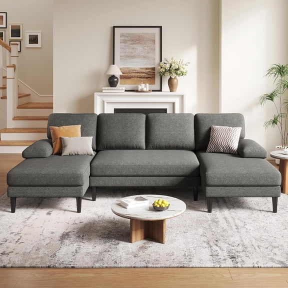 MUERE 110 Inch U-Shaped Sectional Sofa, Couch with Removable Washable Covers, Double Chaise, 23'' Deep Seat, for Living Room, First Apartments, Rentals, Family Room, Linen Grey