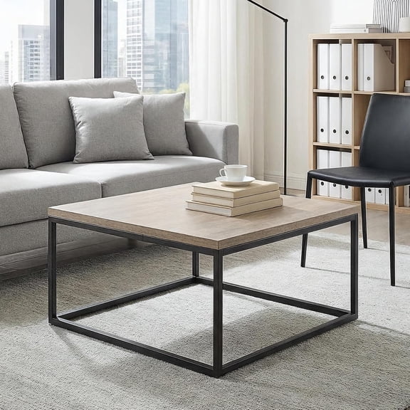 MUERE 30" Grey Wash Oak Square Coffee Table/Center Table | Extra Thick 1.2" Honey-comb Wood Top, Modern Industrial Minimalist Design, Metal Frame, Easy Assemble