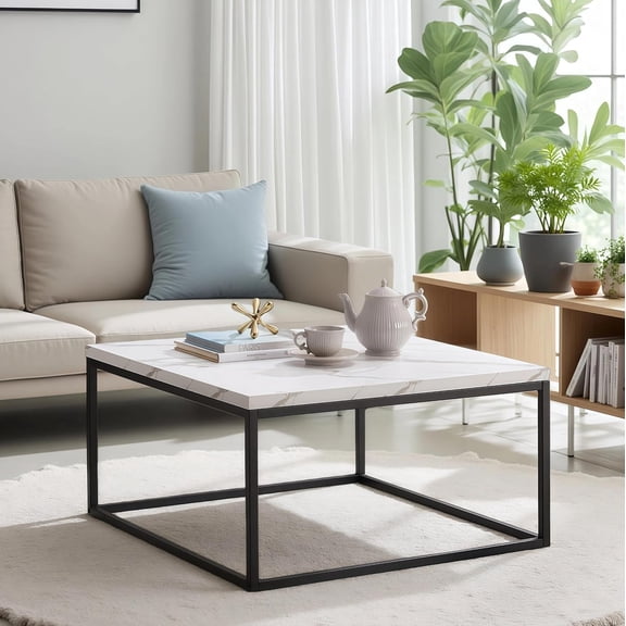 MUERE 30" White Marble Square Coffee Table/Center Table | Extra Thick 1.2" Honey-comb Wood Top, Heavy-duty Metal Frame, Cocktail Table, Modern Industrial Minimalist Design