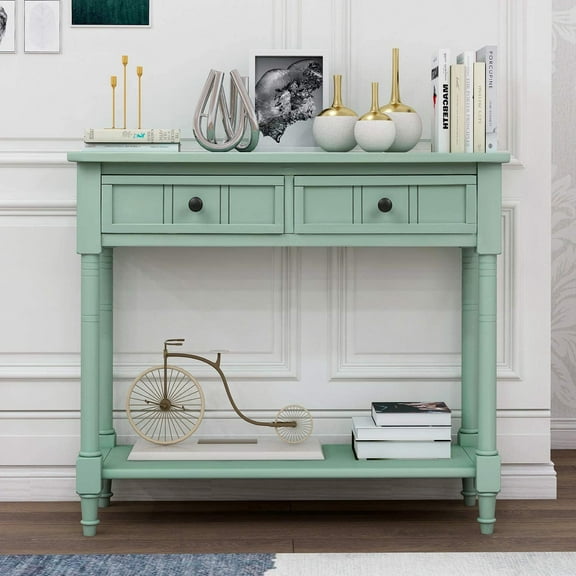 MUERE 35.43 Console Table with Drawers & Bottom Open Shelf, Rustic Entryway Table with Storage, Retro Blue