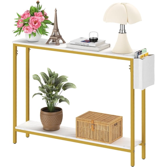 MUERE 39.4" Console Entryway Table, 2-Tier Industrial Narrow Sofa Table with Storage Shelves for Hallway, Living Room, Bedroom, Foyer, Corridor, Office, Marble White and Gold