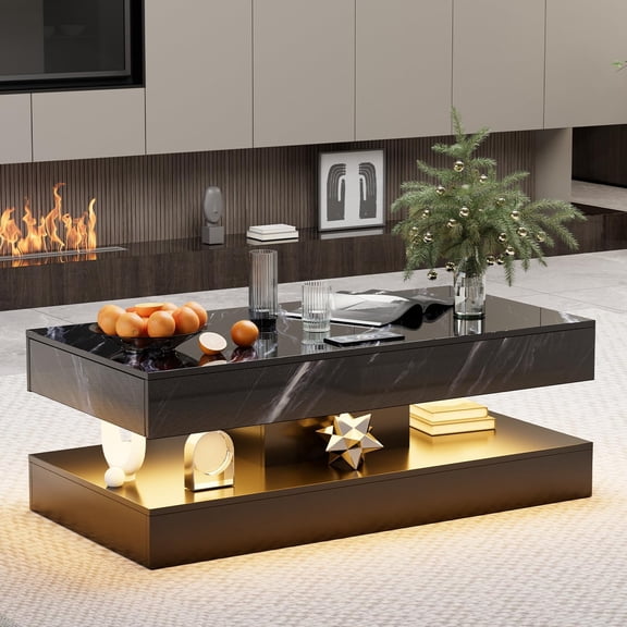 MUERE 47.2" High-Glossy LED Coffee Table with 2 Sliding Drawers, Living Room Storage Coffee Tables with Wireless Charging Station, Modern Stylish Double-Layer Center Tables w/LED Lights, Black