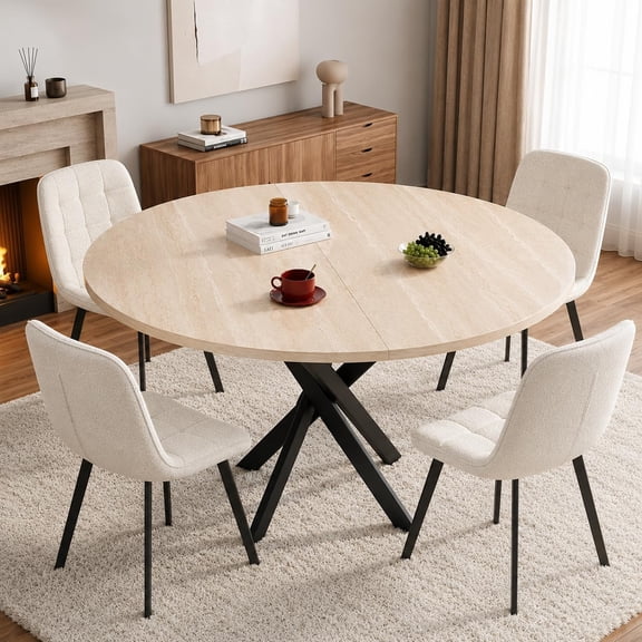 MUERE 47" Round Dining Table Set for 4, Modern Kitchen Table and Chairs with X-Shaped Table Legs & U-Shaped Thick Cushion, Wooden Dining Room Set for Dining Room (Cream Table + 4 Beige Chairs)