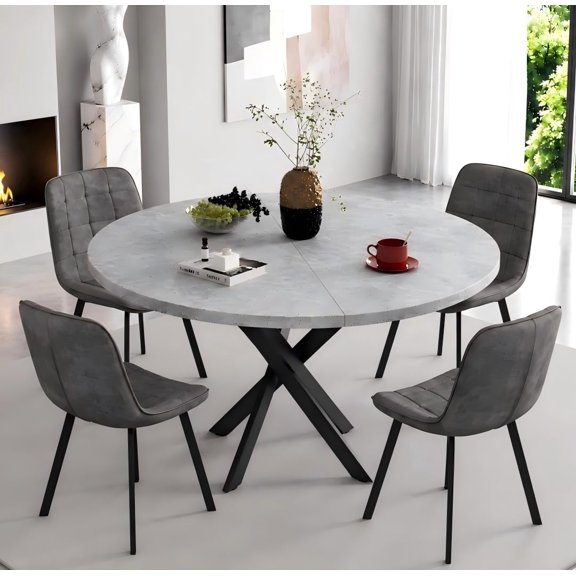 MUERE 47" Round Dining Table Set for 4, Modern Kitchen Table and Chairs with X-Shaped Table Legs & U-Shaped Thick Cushion, Wooden Dining Room Set for Dining Room Kitchen (Gray Table + 4 Gray Chairs)