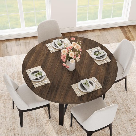 MUERE 47" Round Dining Table for 4, Kitchen Dining Room Table with Sturdy Metal Frame, Wood Circle Kitchen Table for Space Saving -Brown (No Chairs)