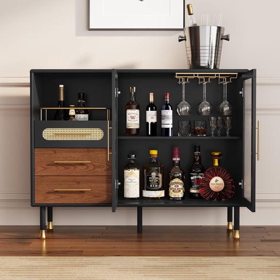 MUERE 48" Coffee Bar Cabinet with Wine Racks and Drawers, Modern Buffet Sideboard with Pull-Out Wine Storage, Liquor Bar Cart for Kitchen, Dining Room, Living Room (Black)