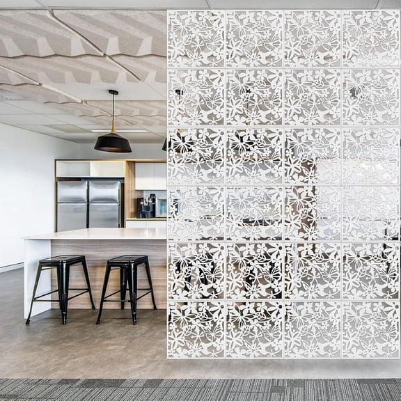 MUERE 48 PCS Hanging Room Divider Flower Carving Pattern Panels Decorative Wall Screen Panel Hollow Out Design for Living Dining Room Kitchen Bedroom Office Bar Restaurant Home Hotel Decor - White