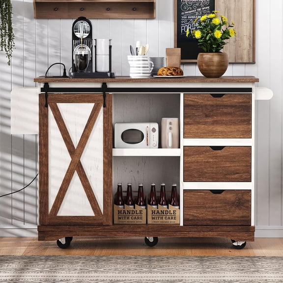 MUERE 55.5" Kitchen Cart with Barn Door & Power Outlet, Farmhouse Kitchen Island on Wheels with Drop Leaf, Rolling Table with Drawers & Spice Rack, for Dining Room, White