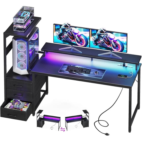 MUERE 59 Inch Gaming Desk with USB Charging Ports & LED Light - Reversible Computer Desk with 3 Fabric Drawers, Monitor Stand, CPU Stand, Modern Office Desk, Pure Black