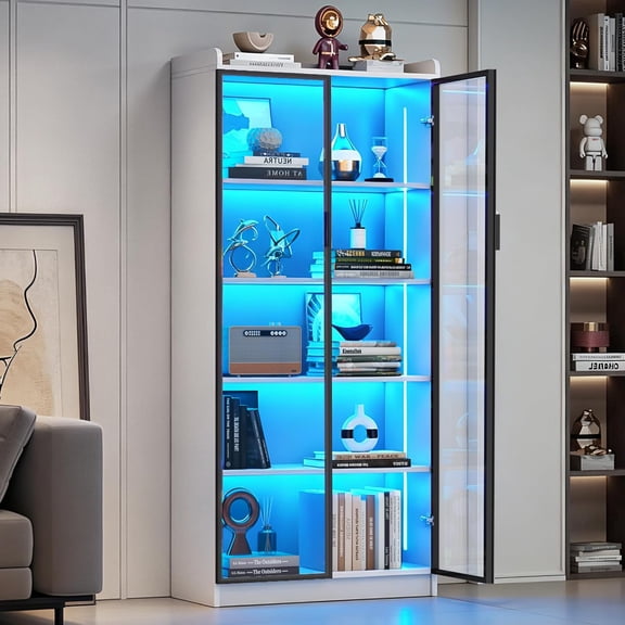 MUERE 65" Display Cabinet with Glass Doors, 5-Tier Curio Cabinet with Motion Sensor RGB Lights, Modern Display Case with Adjustable Shelves for Collectibles, Figures, Books, White