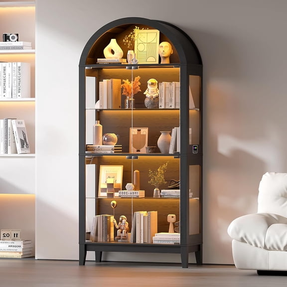 MUERE 69" Display Case with RGB Lights,Arched 5-Tier Tempered Glass Display Cabinet with Doors, LED Curio Cabinet with Shelf, Floor Standing Bookcase for Living Room (Black)
