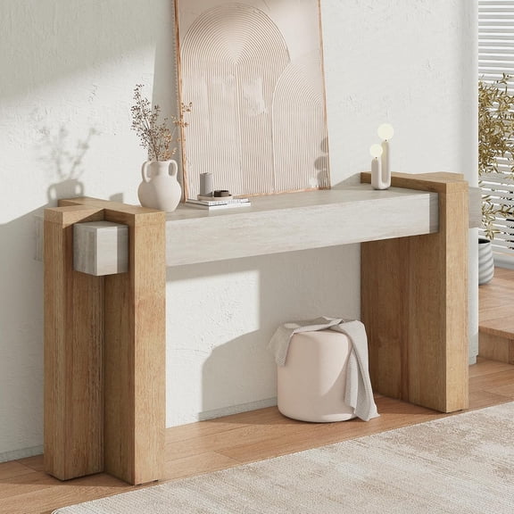 MUERE 70.9-Inch Modern Console Table, Geometric Minimalism Entryway Sofa Table, Long Wood Foyer Tables for Entryway, Hallway, Living Room, Limestone and Natural Oak