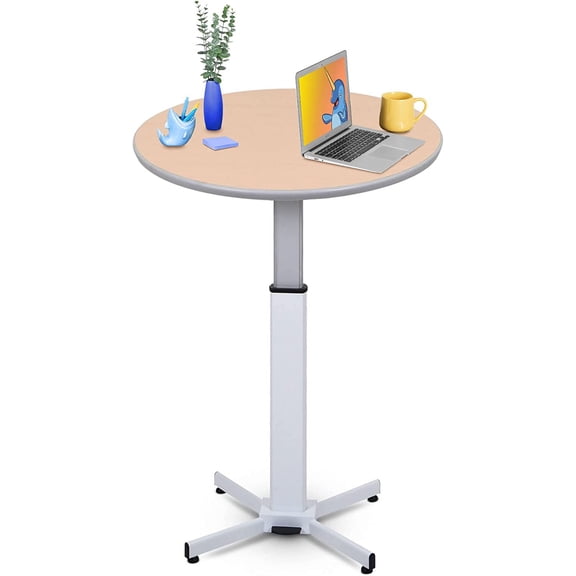 MUERE Adjustable Height Round Table - Ergonomic Sit to Stand Desk, Side Table, High Top Cocktail Cafe Table - Ideal for Saving Space and Comfortable Sitting (White/Maple, 31.5in x 28-42.5in)