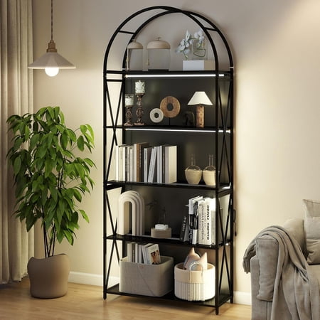 MUERE Arched Bookshelf 75" Tall 5-Tier Bookcase with Storage Black Open Glass Display Shelf with Lights and Adjustable Feet for Living Room and Home Office Black