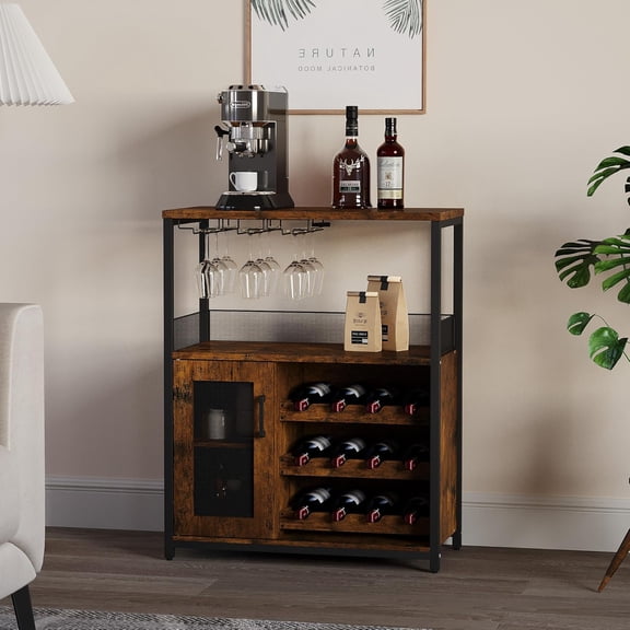 MUERE Bar Cabinet for Home, 3-Tier Wooden Mini Bars, Modern Coffee Bar Cabinet with Storage Sideboard, Mesh Door, Glass Holder and Detachable Wine Rack for Home Kitchen Bar, Retro Color