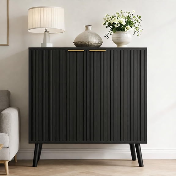 MUERE Black Fluted Storage Cabinet, Sideboard Buffet with Doors and Shelf, Wooden Console Table & Credenza, Multifunctional Entryway Cabinet for Living Room, Dining Room (Black)
