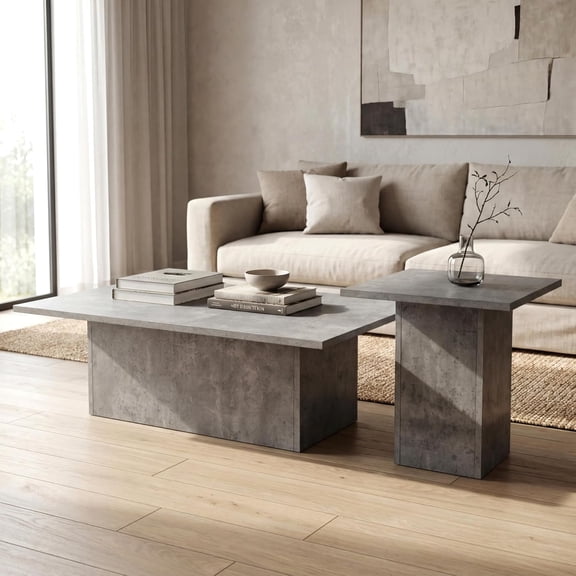 MUERE Coffee Table and End Table Set of 2 Modern Square Nesting Coffee Table Grey Wooden Side Table Concrete Texture Finish for Living Room, Reception Room, Home Office,Industrial Minimalist