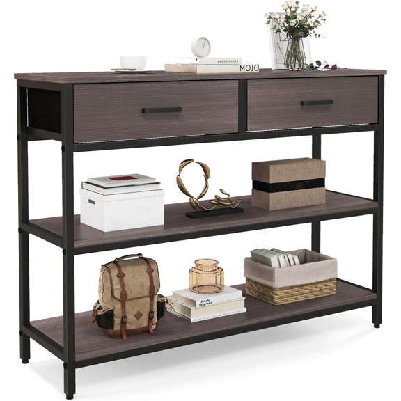 MUERE Console Table with 2 Folding Drawers, Narrow Sofa Table with Metal Frame, Couch Table Behind Sofa, 3-Tier Entryway Table for Hallway, Foyer, Living Room, Grey Oak