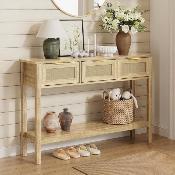 MUERE Console Table with Charging Station, Rattan Style Sofa Table Behind The Couch, Farmhouse Entryway Table with 3 Drawers for Hallway, Living Room (Light Yellow, Faux Rattan)