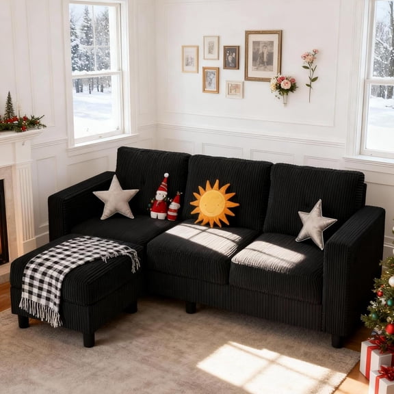 MUERE Convertible Sectional Couch Sofa for Small Spaces, L Shaped Modular Sofa with Removable Ottoman Storage, 3 Seat Modern Small Couches for Living Room in Apartment, Jet Black