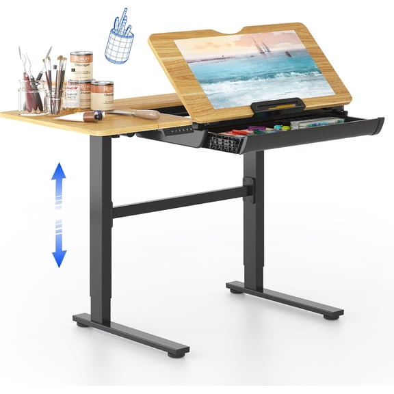 MUERE Electric Drafting Table Adjustable Height 47.2"x23.6" Standing Drawing Desk Extendable Top Craft Workstation w/Tilting Tabletop, Storage Drawer for Study, Office, Studio, Art, Adult & Kid