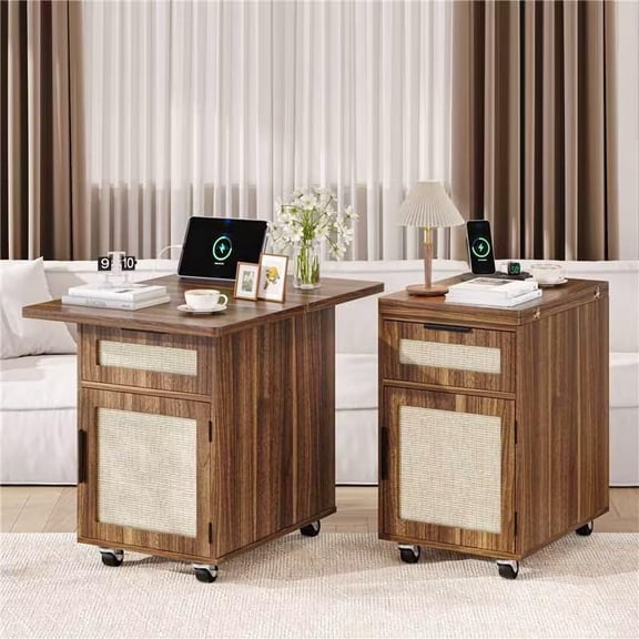 MUERE End Table Set of 2 with Charging Station, 15.7''-31.5'' Narrow Folding Side Table with Flip Top & Drawer, Wooden Sofa Table with Storage Cabinet & Wheels, for Small Spaces Living Room, Walnut