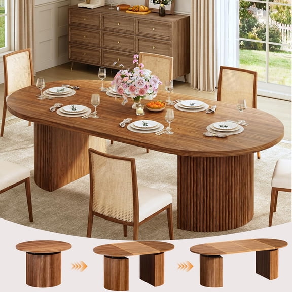 MUERE Extendable Round Dining Table for 4-8, 39in-77in Long Large Kitchen Table with Fluted Base, Space Saving Modern Farmhouse Oval Dinner Tables for Dining Room, Kitchen, Living Room, Brown