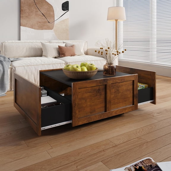 MUERE Farmhouse Coffee Table with 2 Storage Drawers for Living Room Square Center Middle Table Modern Cocktail Table Contemporary Mid Century Wood Home Office Waiting Room, Black Rustic