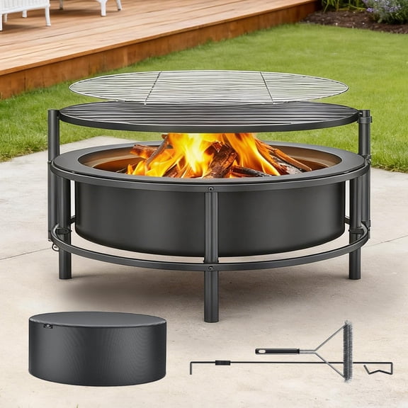MUERE Fire Pits for Outside Wood Burning3 in 1 Split Fire Pit with Rotating Table, Grill, Poker & Waterproof Cover, Portable Heavy Duty Steel Outdoor Firepit for Camping, Patio, Backyard