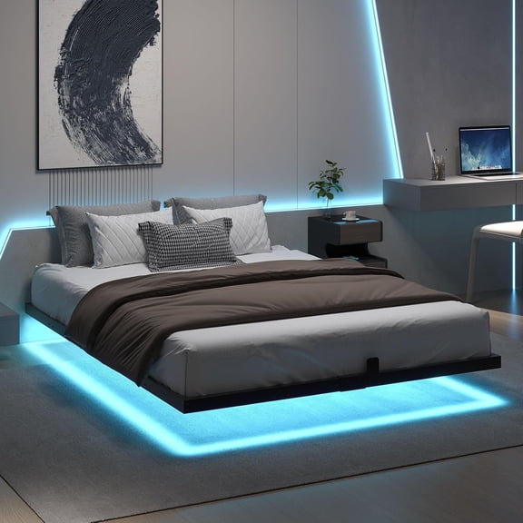 MUERE Floating Bed Frame Queen with LED Lights, Modern Metal Platform Bed Frame Queen Size, Heavy Duty Steel Slats Support, No Box Spring Needed, Noise Free, Easy Assembly, Black