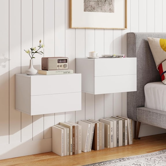 MUERE Floating Nightstand Set of 2, Wall Mounted Night Stand with Drawers | Modern Hanging Bedside Table End Table with 2 Storage Drawers for Bedroom, Study, Office, Home