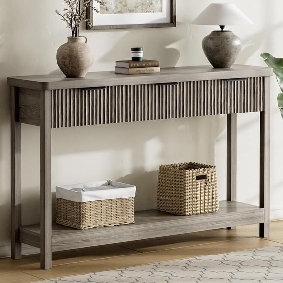MUERE Fluted Console Table, 51 Inch Entryway Table with 3 Drawers | Scandi farmhouse look with quiet full-extension slides, open lower shelf, profile for hallway, entry, foyer or behind sofa.