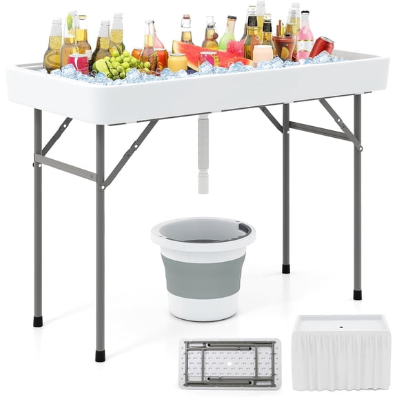 MUERE Folding Ice Cooler Table, 4 FT Portable Ice Table with Drain, Matching Skirt & Foldable Bucket, Buffet Beverage Server for Party, Picnic, Camping
