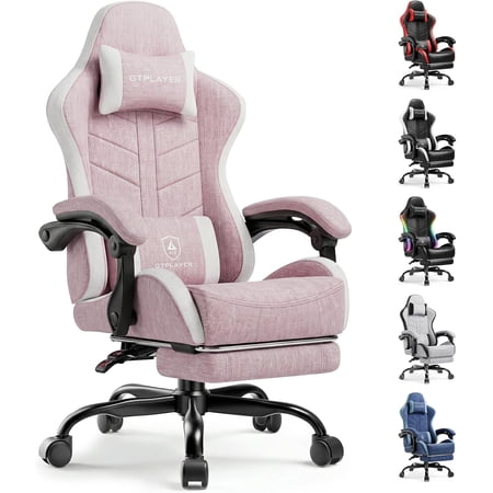 MUERE Gaming Chair with Footrest, Computer Gaming Chair for Adults, Height Adjustable Gamer Chair with 90-155° Recline & Removable Headrest Lumbar Support,Linen Fabric Pink