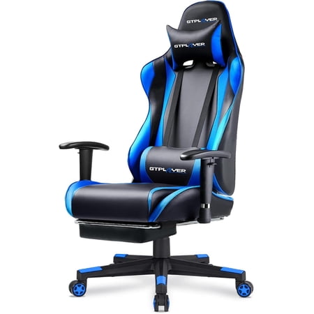 MUERE Gaming Chair with Footrest, Ergonomic Computer Game Desk Chair, Recline Gaming Chair Seat Height Adjustment, Swivel Rocker with Headrest and Lumbar (Blue)