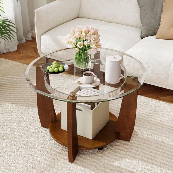 MUERE Glass Coffee Table with Storage, 32 Rolling Round Center Table with Tempered Glass Top, Solid Rubber Wood Legs, Wheels, Mid-Century Modern, 2-Tier Circle Tea Tables for Living Room (Walnut)